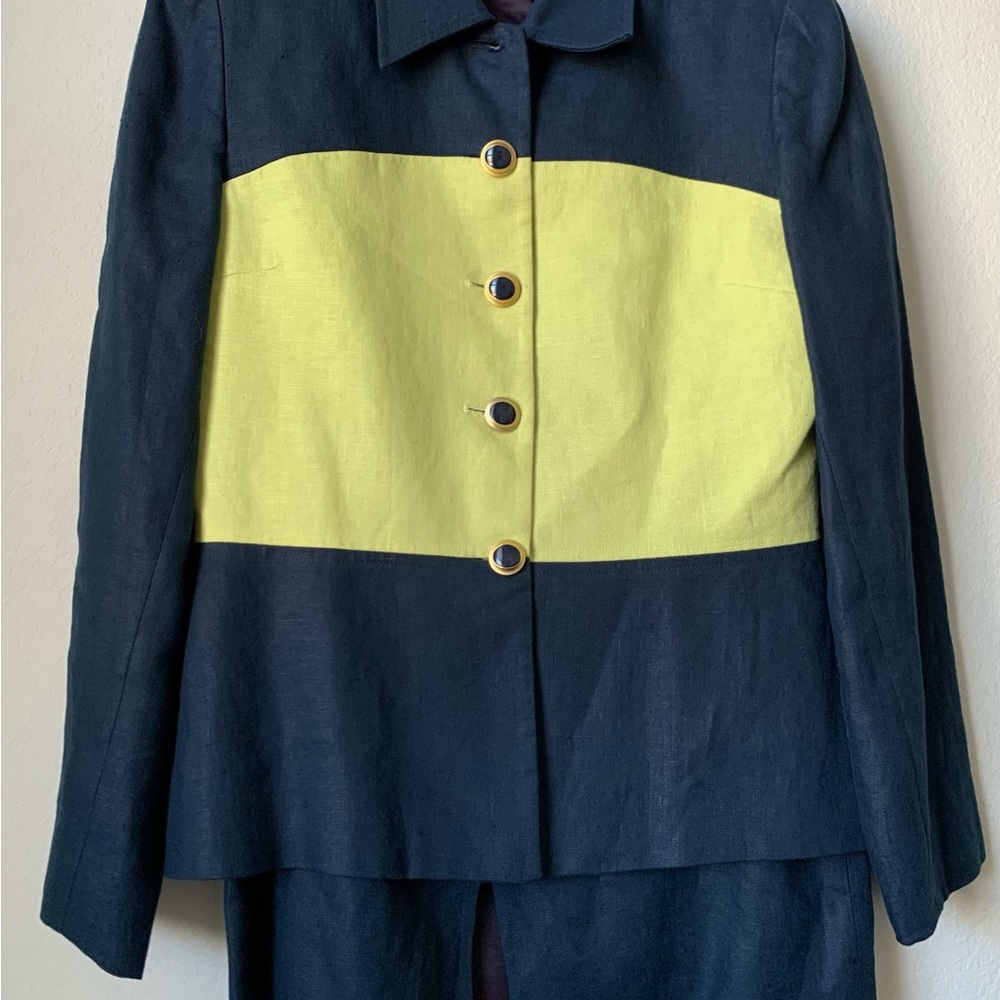 Gently Used Two Piece Career Shirt Suit-Lime/ Navy Blue Jacket Navy Blue Shirt